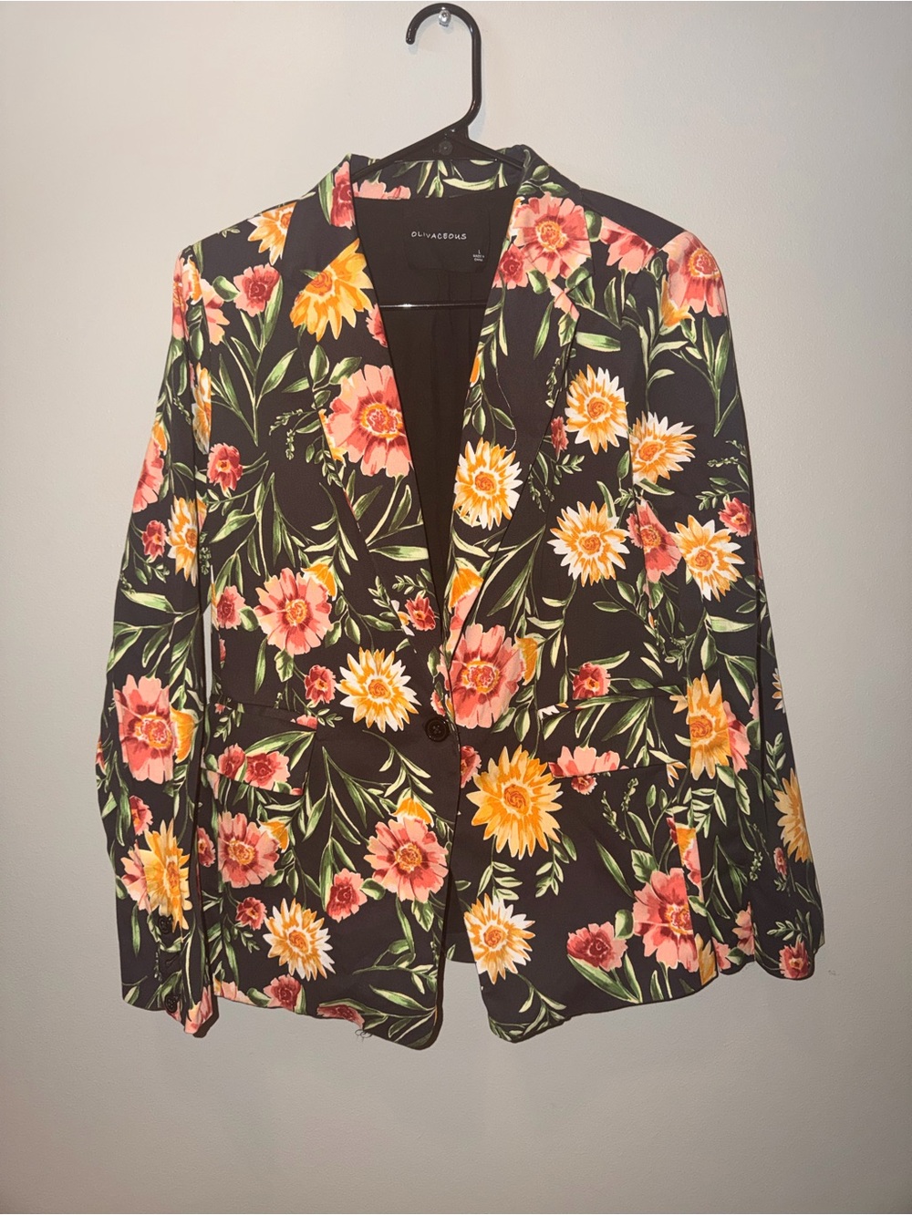 Olivaceous Black Blazer with Pink & Yellow Floral Print size Large Cottagecore